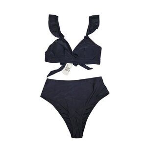 Womens Black Ruffle Bikini Set Tie-Front Top & High-Waisted Bottoms Size L